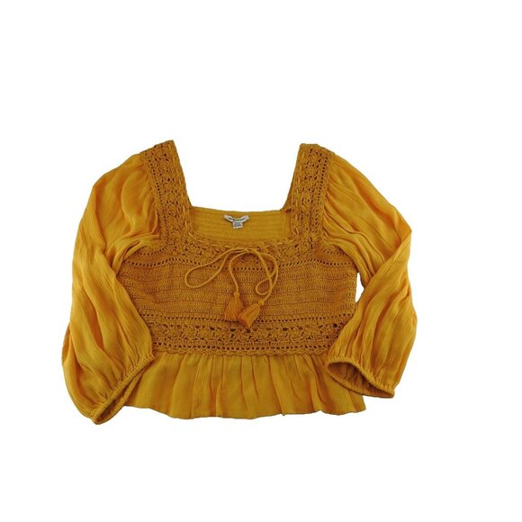 American Eagle Mustard Crochet Peasant Blouse Boho Festival Top Size Medium - Picture 9 of 9
